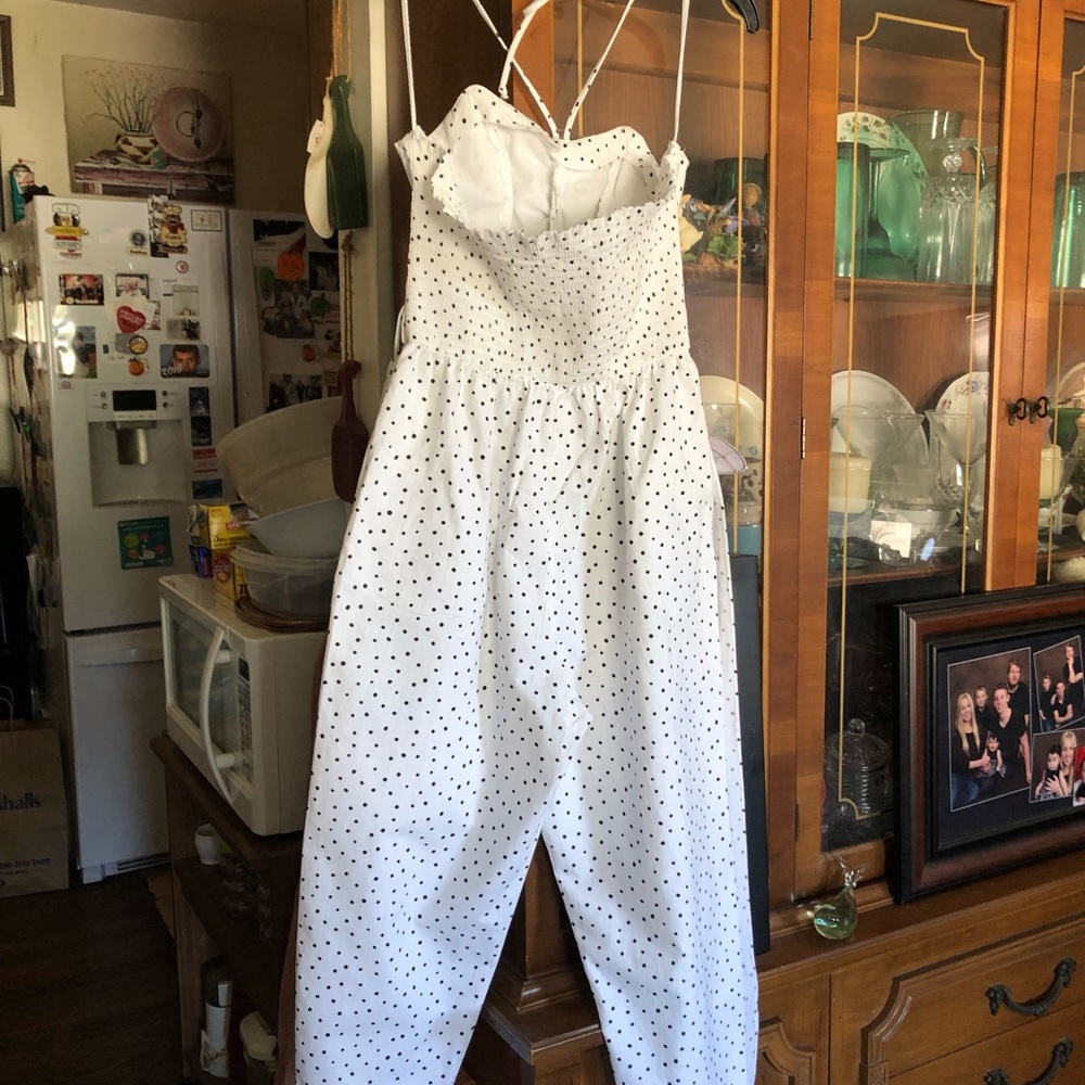 1980s vintage white with black polkadots strapless jumpsuit size 9